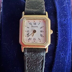 Bulova Classic Quartz Lady’s Watch With Black Leather Band Vintage